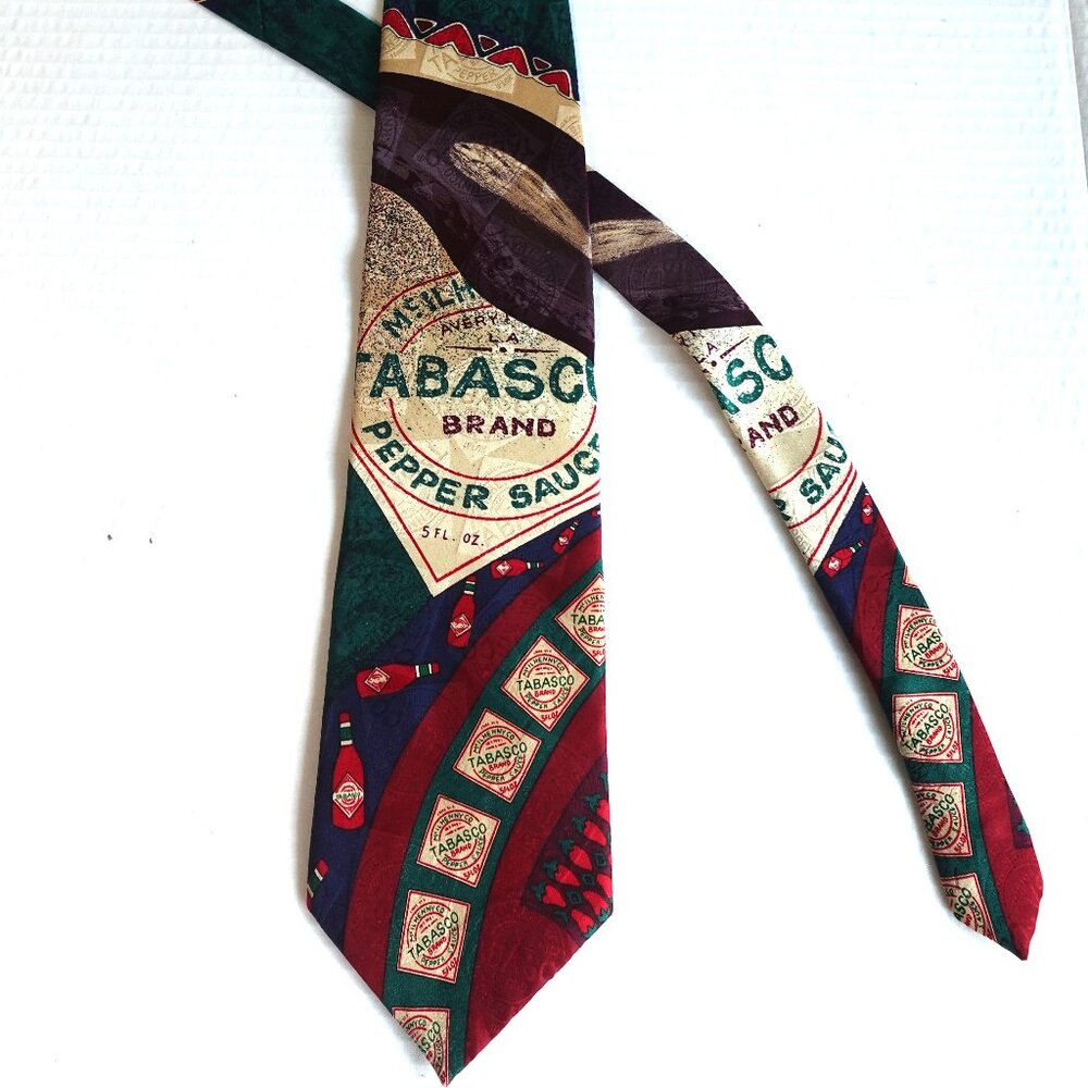 Tabasco 100% Silk Mens Neck Tie Hot Pepper Sauce Green Red Beige